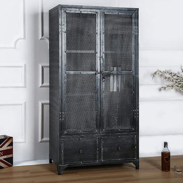 Industrial Black Bookshelf Rectangular Metal Mesh Bookcase 4 Shelves 2-Door 2 Drawer-Bookcases & Bookshelves,Furniture,Office Furniture